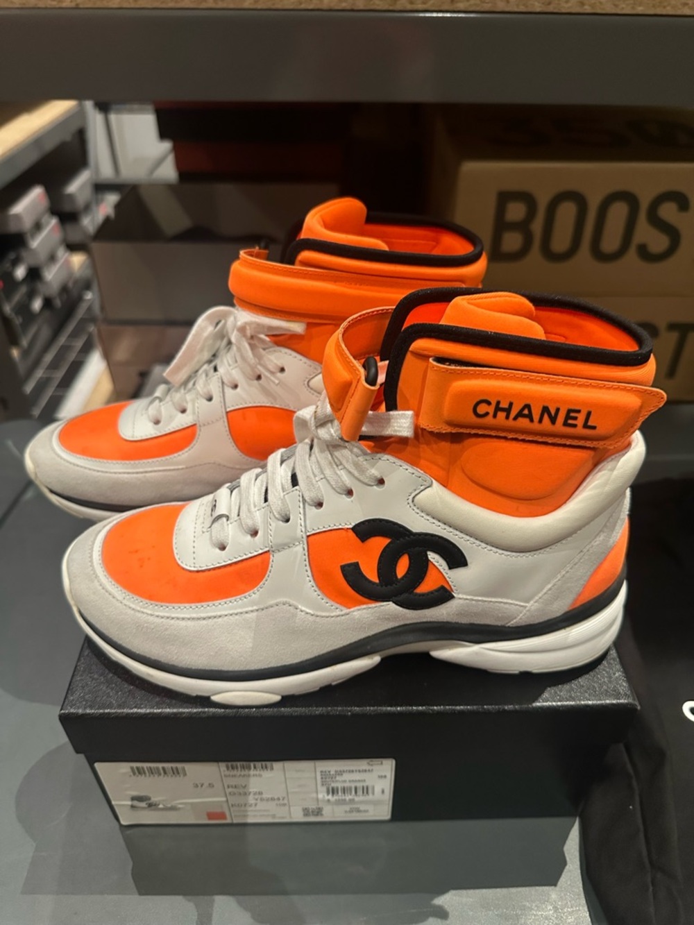 CHANEL Neon Orange and White CC Logo High-Top Sneakers - Picture 6 of 10